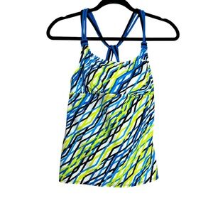 Nike Blue, Yellow and Black Patterned Strappy Crossback Tankini Top, Size 6